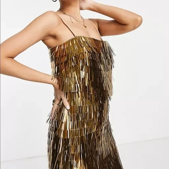 ASOS- Sold Out- Shard Detail Gold Metallic Midi Dress - Picture 5 of 8